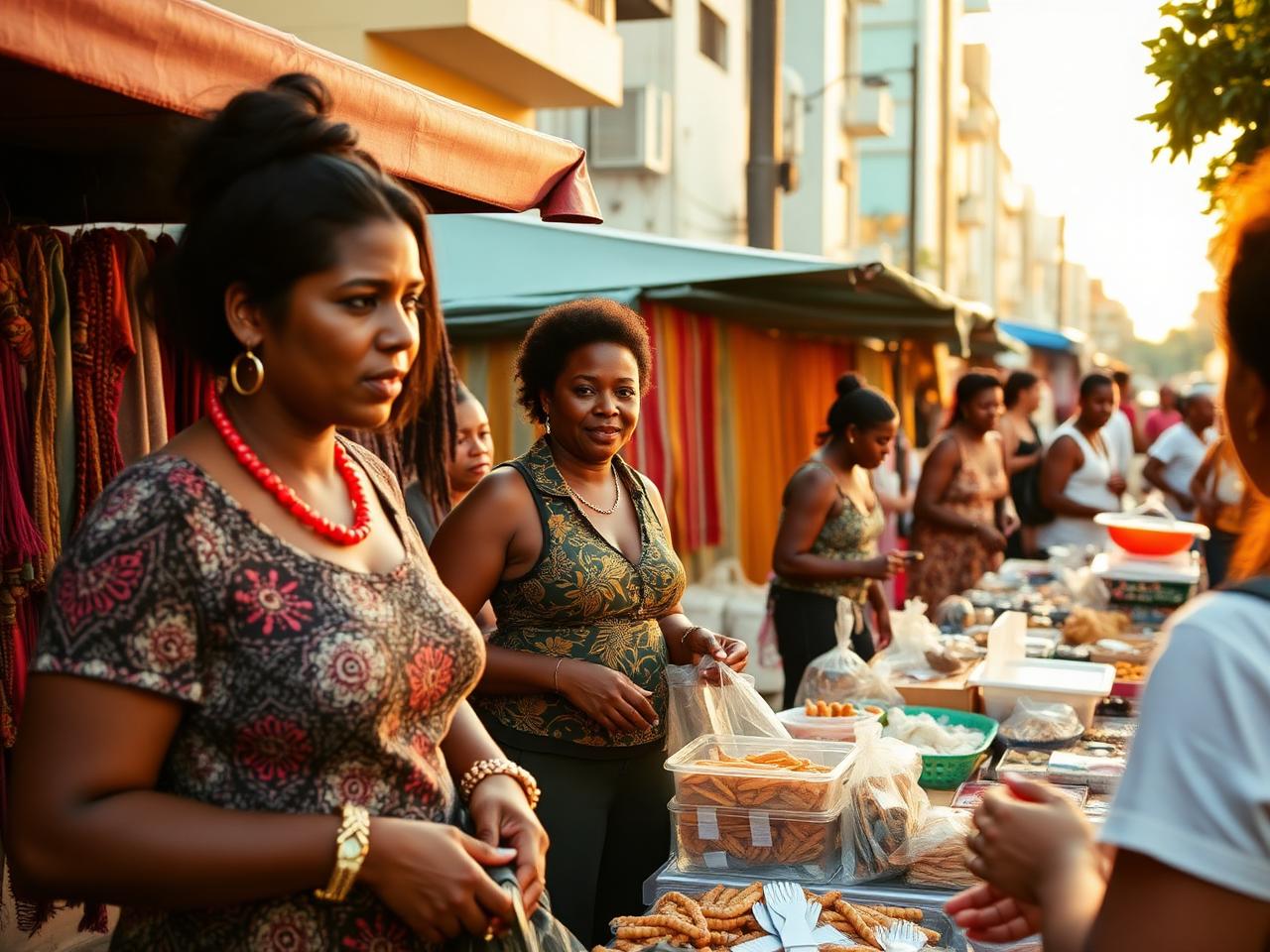 Empreendedoras vendendo produtos artesanais em uma feira pública no Rio de Janeiro