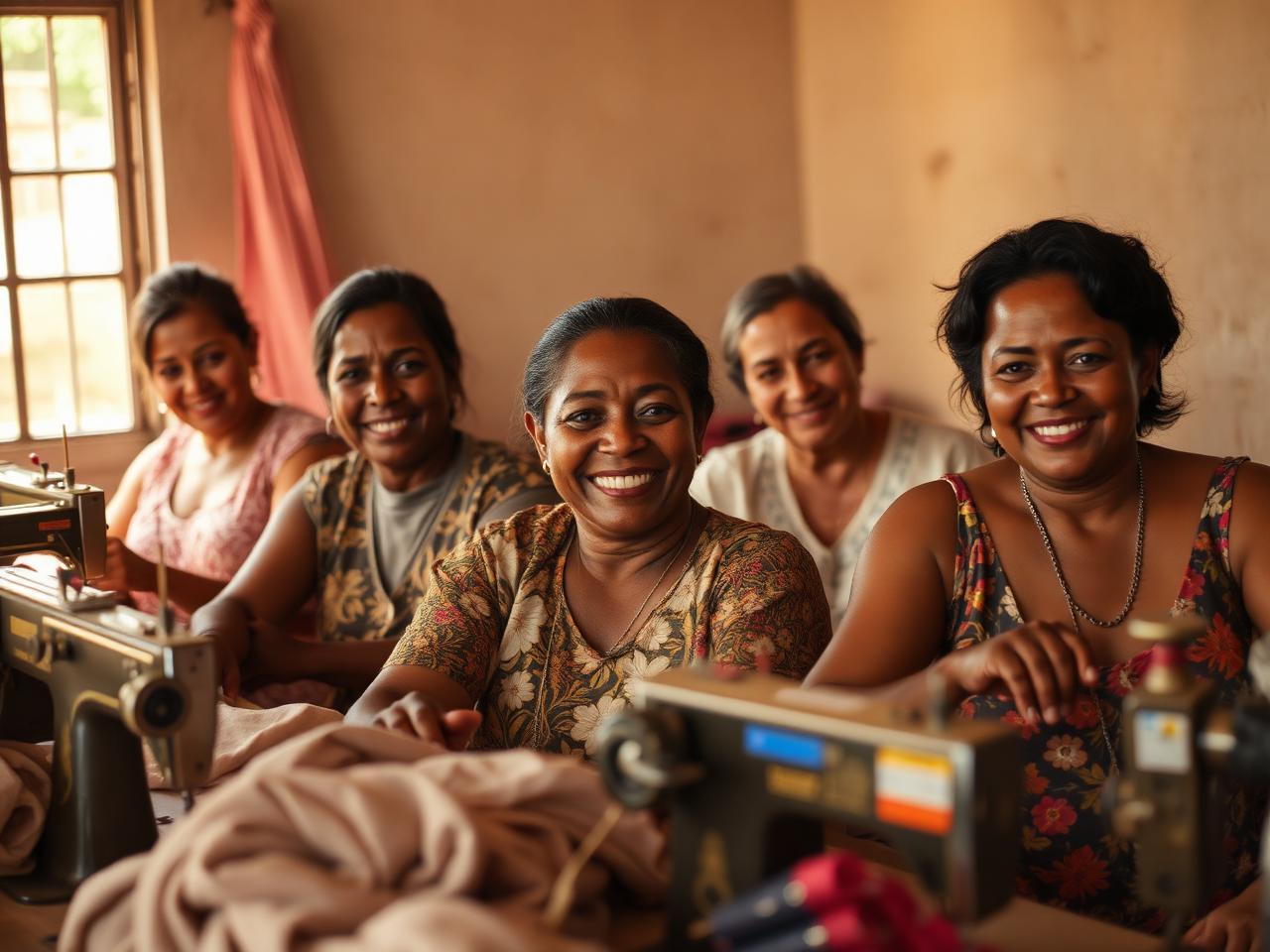 Mulheres trabalhando juntas em uma oficina de costura comunitária do Colo de Mãe
